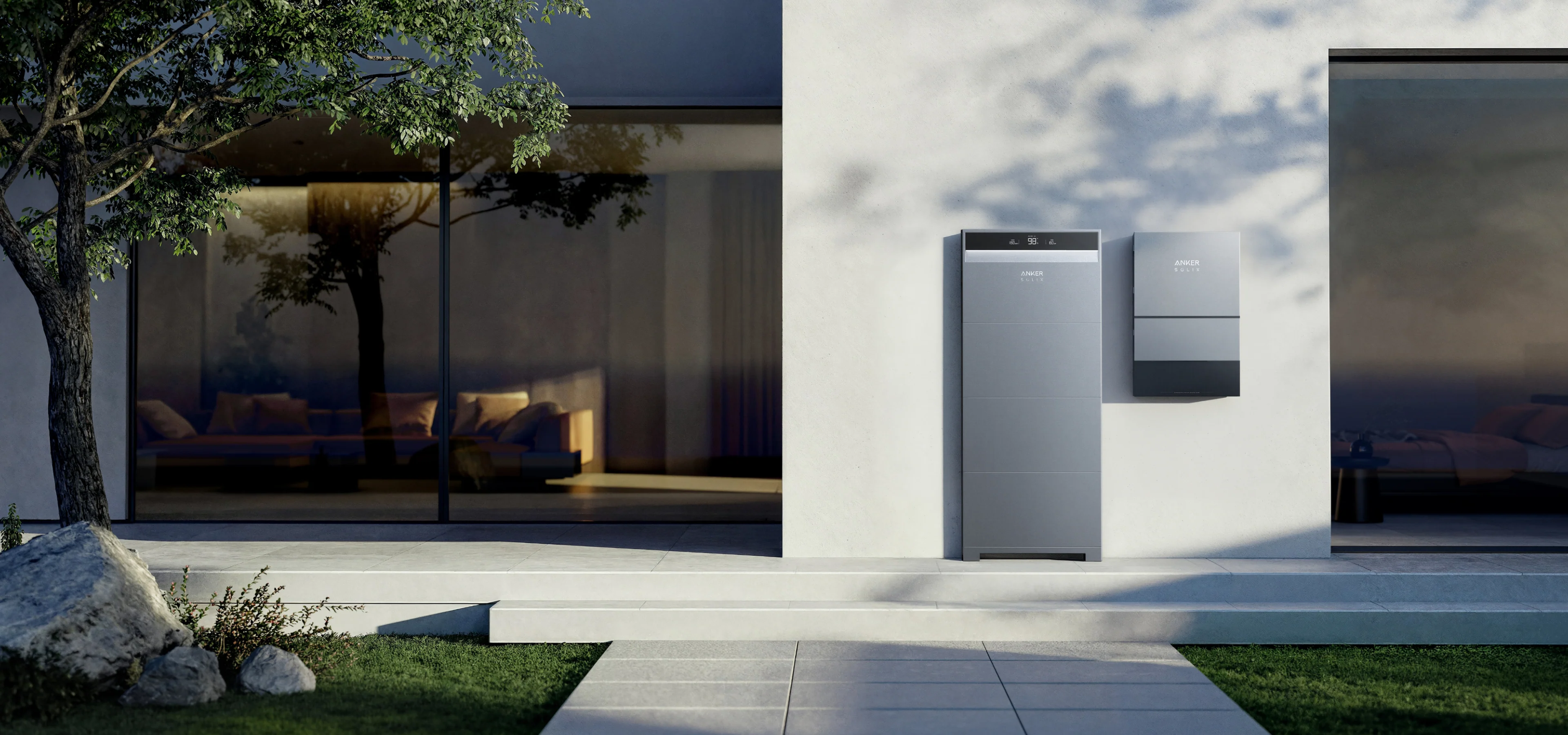 Anker SOLIX X1 — slim modular battery stack against a modern home with floor-to-ceiling windows