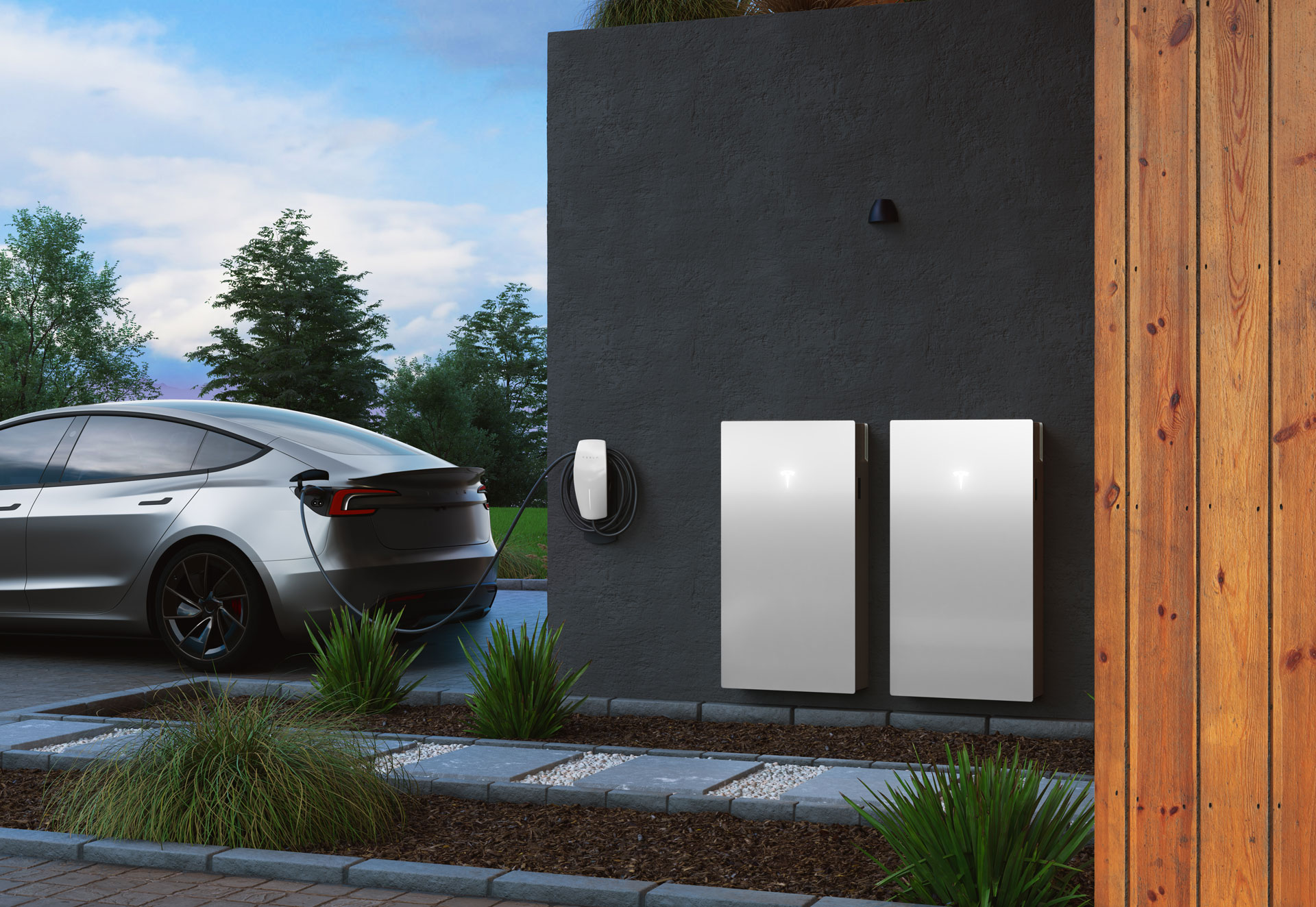 Tesla Powerwall 3 — two slim white units mounted on a dark exterior wall with a Tesla Model 3 charging in the driveway at dusk