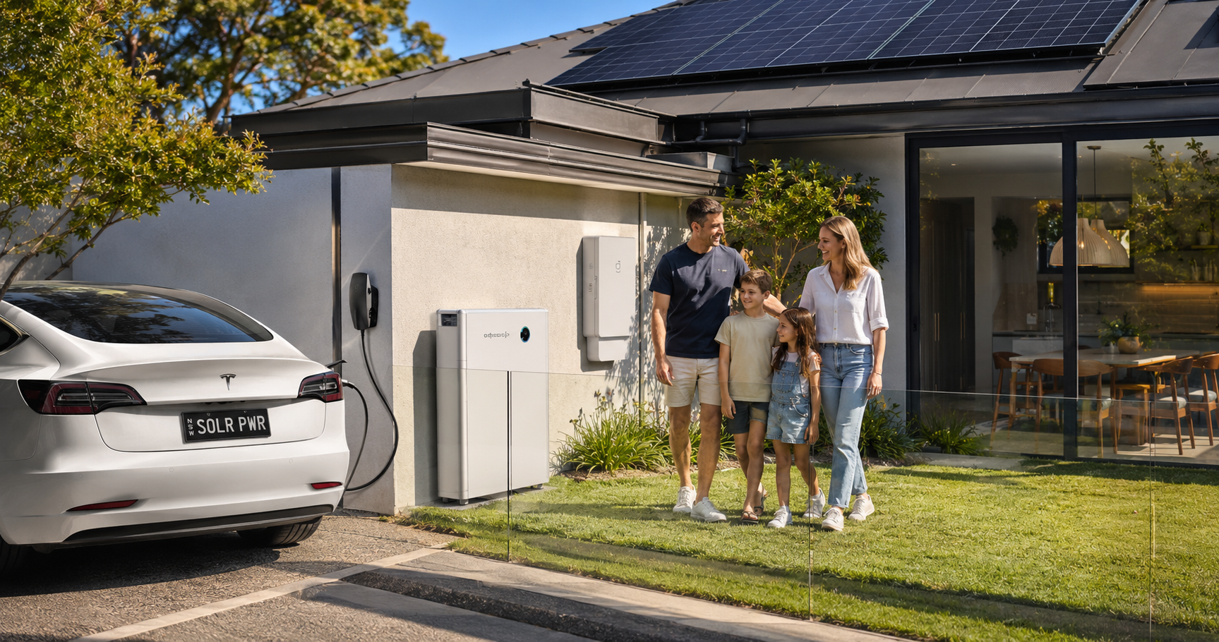 An Australian family standing outside their solar-powered home with a Tesla charging in the driveway.