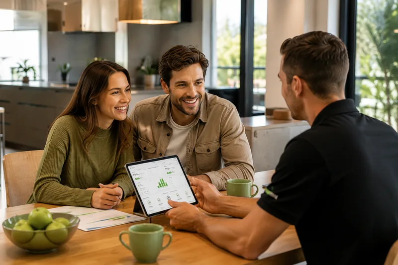Family sitting with an NGS consultant at their kitchen table, reviewing energy usage on a tablet