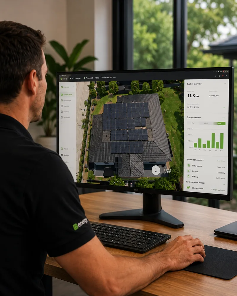 NGS consultant at a workstation reviewing a 3D rooftop solar design with system performance data on screen