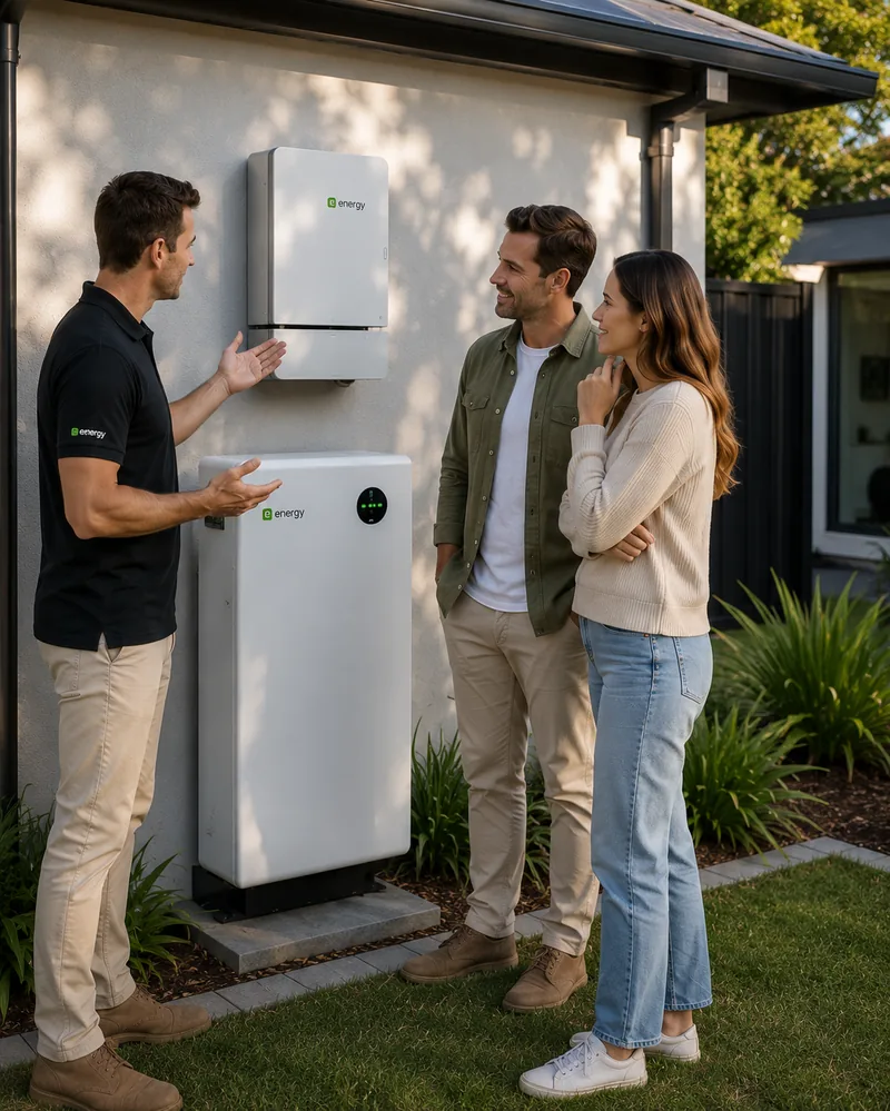 NGS consultant on site walking a couple through their newly installed inverter and battery setup