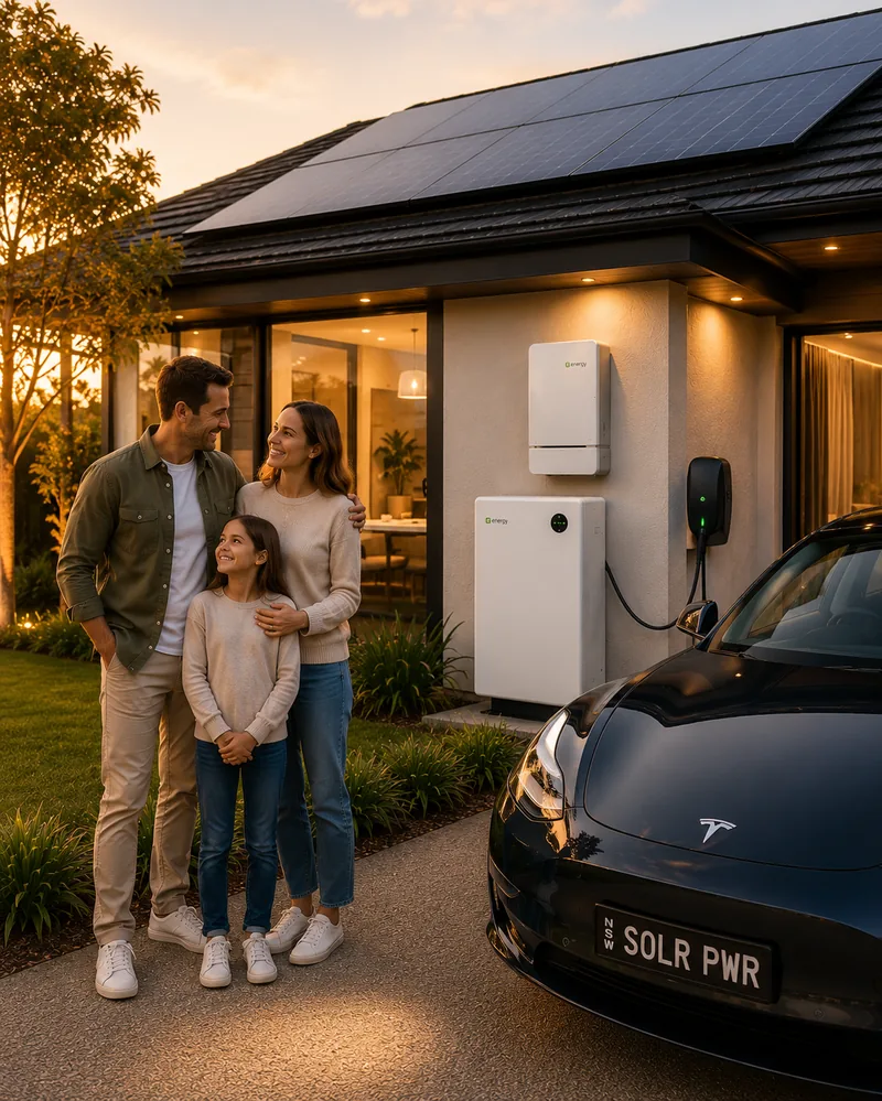 Family standing outside their home with newly installed solar panels, battery and EV charger at golden hour